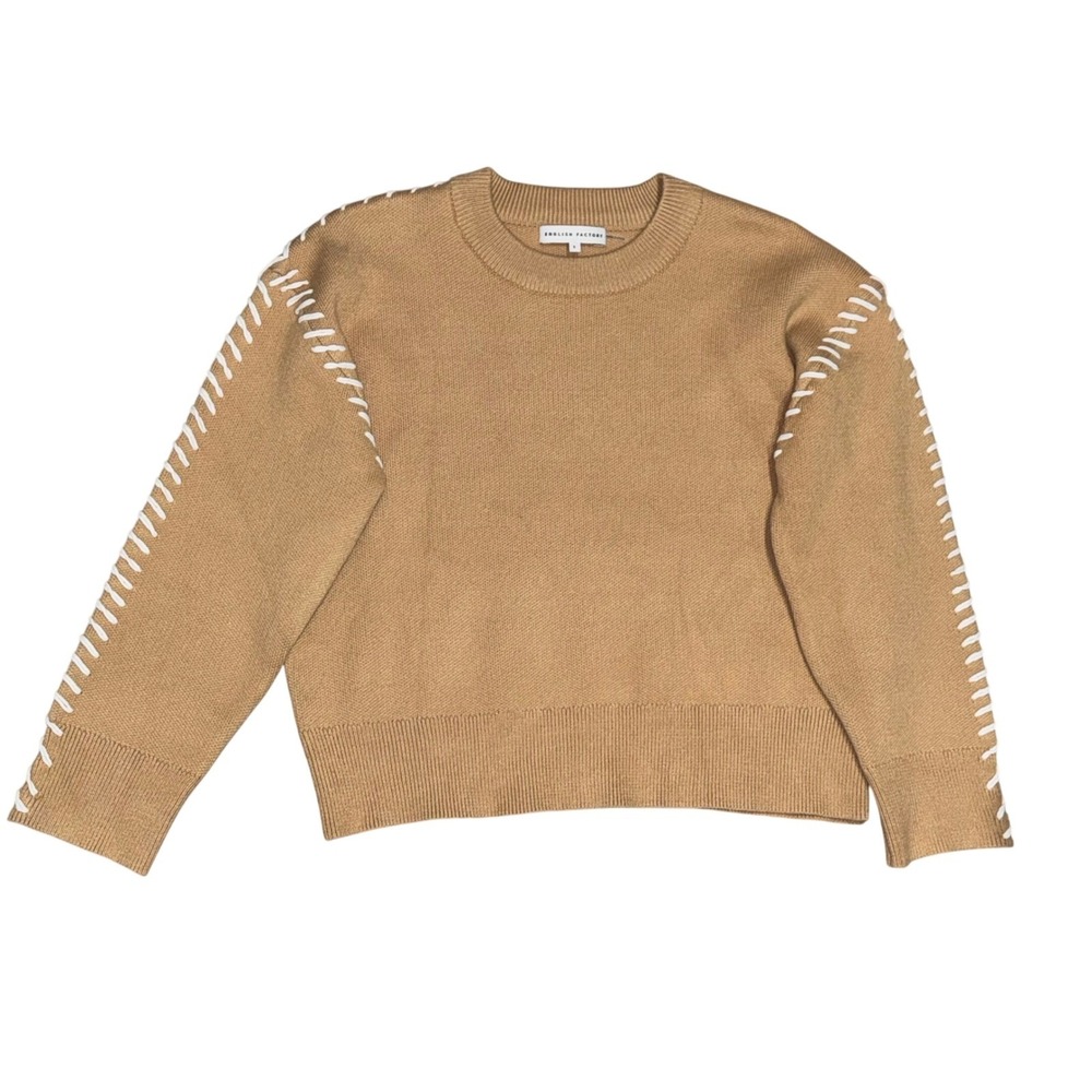 English Factory Whip Contrast Stitch Sweater Camel Relaxed Fit Long Sleeve Sz S - Picture 5 of 16